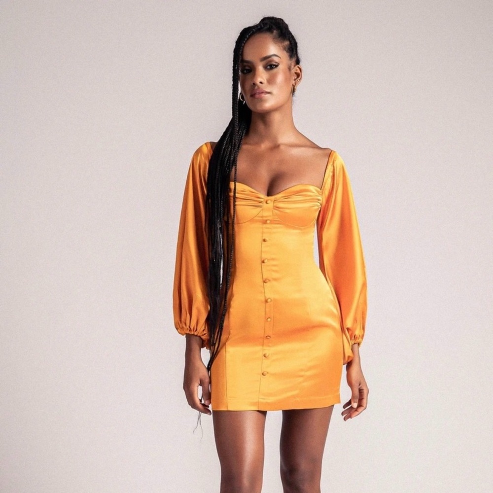 MESHKI Celina Satin Off The Shoulder Long Sleeve Mini Dress in Orange Sz S